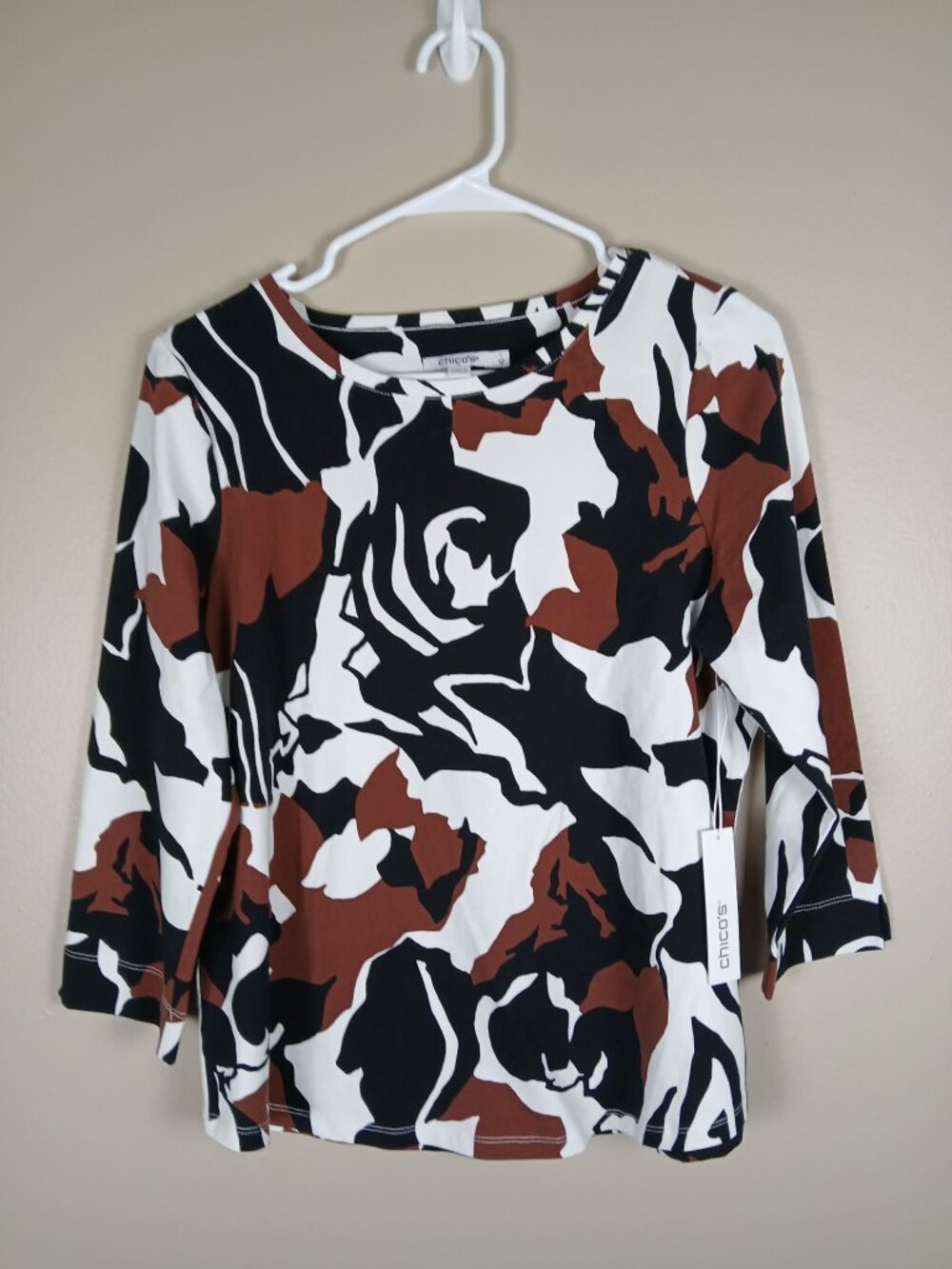 Chicos | ‘Marrakech’ Brown White Black Abstract Print 3/4 Sleeve Shirt Med 1 NWT